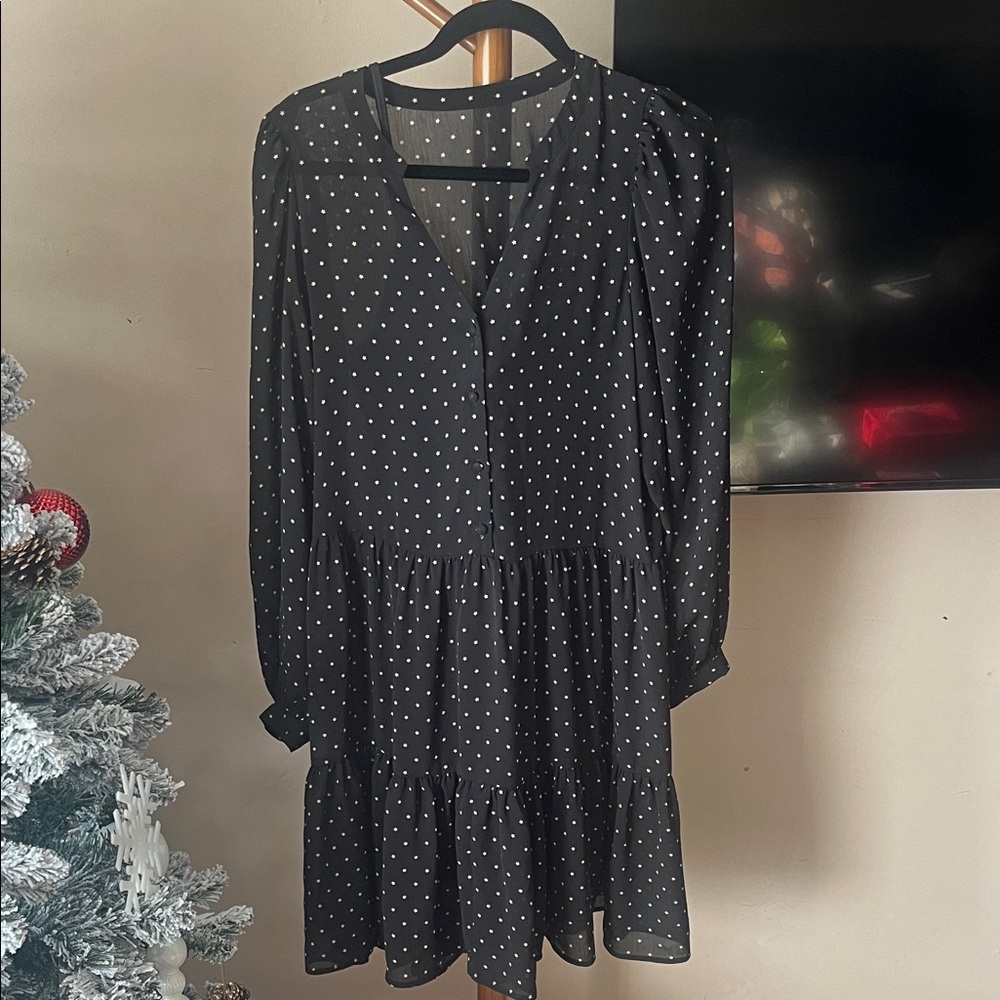 Black Polka Dot Long Sleeve Tiered Dress
